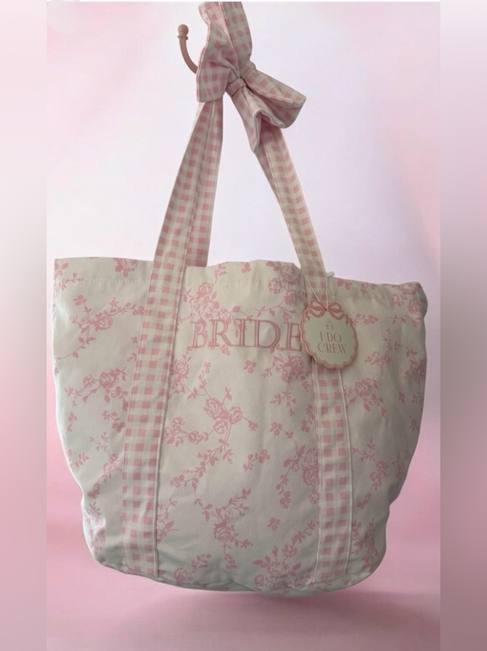 BRIDE  Floral Gingham and Bows Reversible Tote bag ~ “I Do Crew” Bridal Wedding